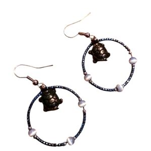 Bronze, Silver, and Turtle Hoop Earrings with Car Eye Bead Accents